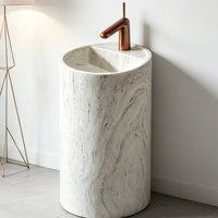 Lavabo sur pied rond minimaliste en marbre blanc personnalisé, lavabo en pierre naturelle polie pour salles de bain de luxe