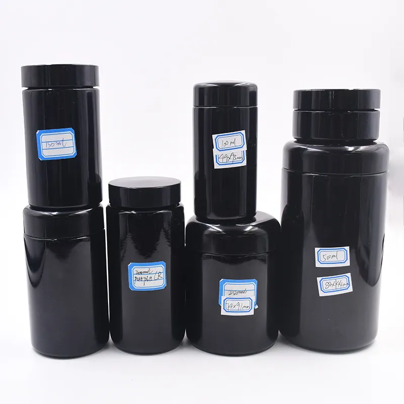 OEM Light Proof 50ml 80ml 100ml 150ml 200ml 250ml 500ml Dark purple/black Glass Jar with bakelite lid