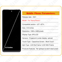Écran LCD TFT pour téléphone portable TECNO Pova 2, assemblage d'écran intérieur et extérieur avec cadre
