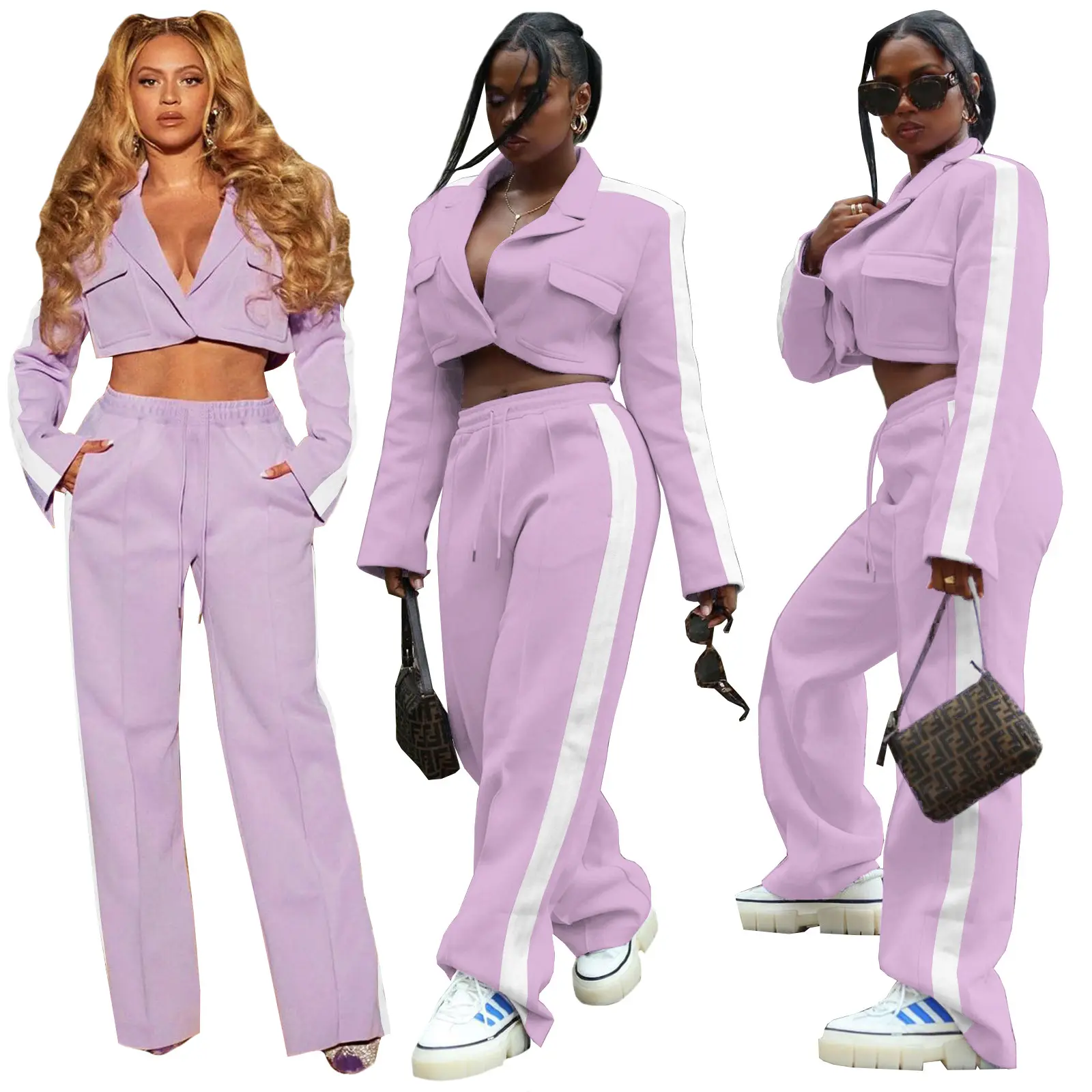 2022 Fall Trendy High Street Purple 2 Piece Pants Set With Side Stripes Fashion Ladies Crop Top And Wide Leg Pants Outfits