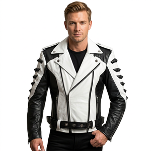 เสื้อแจ็คเก็ตมอเตอร์ไซค์หนังสีน้ำเงิน ขาว ดำ สำหรับผู้ชาย แบบ Color Block สไตล์ Biker Racing ขายส่ง พร้อมซิป เข็มขัด และตกแต่งหมุดโลหะ - Product Image 1