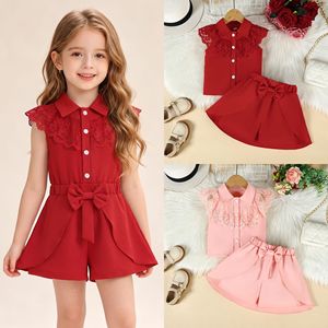 Completo Estivo Casual per Bambine, <span class=keywords><strong>Camicia</strong></span> con Colletto in Pizzo e Volant, <span class=keywords><strong>Giacca</strong></span> con Gonna e Pantaloncini, Set Due Pezzi per Bambine 2-7 Anni - Product Image 2