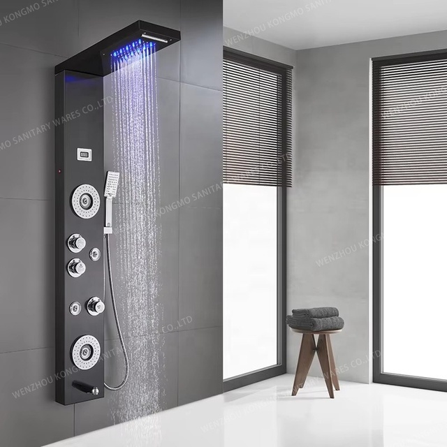 LED Digital Waterfall Rainfall Shower Faucet System Chrome Polished Stainless Steel Wall-Mounted Hotel Use Soft Shower Column