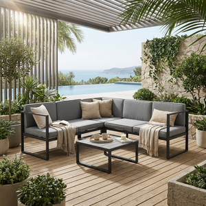 Ensemble <span class=keywords><strong>de</strong></span> canapé d'extérieur moderne en forme <span class=keywords><strong>de</strong></span> L, structure en acier, canapé d'angle modulable, table basse, confortable, minimaliste, pour cour, <span class=keywords><strong>jardin</strong></span>, terrasse - Product Image 3