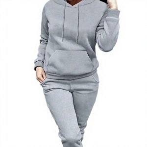 Ensemble jogging et sweat à capuche gris en molleton, imprimé lettres, coupe ample, survêtement épais décontracté, streetwear d'hiver, logo frontal pour femme - Product Image 1