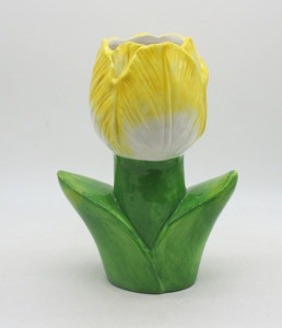 <span class=keywords><strong>Vase</strong></span> en céramique jaune et blanc en forme de tulipe avec base en feuille verte, décoration d'intérieur, porte-fleurs - Product Image 1