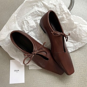 Leather low-heeled women's slip-on shoes with square <b>toe</b> and bow tie laces spring new style - Product Image 4