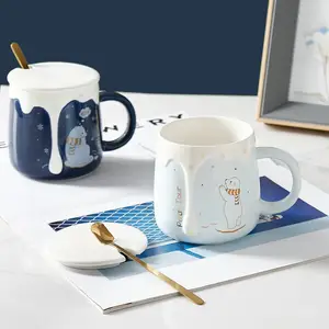 Kardan adam kabartmalı polar ayı karikatür sevimli kahve kupa ofis kahvaltı kapaklı bardak kaşık