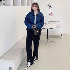 Nouveau pantalon noir tricoté grande taille pour femme avec fente, longueur au sol, N7991, en coton, pour adulte - Product Image 3