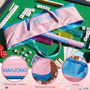 กระเป๋าผ้าแคนวาสปักลายตามสั่งขายส่ง ขนาดใหญ่ สีชมพู-ฟ้า ลายบล็อกสี สำหรับใส่ไพ่นกกระจอก เหมาะสำหรับเล่นเกม ปิกนิก ชายหาด และการเดินทาง - Product Image 3