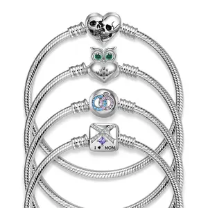 Pulsera de cadena de serpiente de plata de ley 925 auténtica para mujer, y calavera brazalete con forma de corazón, joyería DIY, accesorios de moda