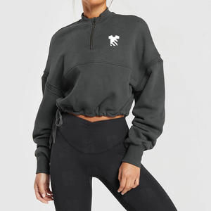 Wholesale Custom Design Quarter Zip Crop Sweatshirt Stand Collar Drawstring Adjustable Hem Long Sleeve Women Baggy Pullover <b>Tops</b> - Product Image 4