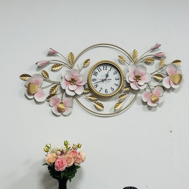 115*55CM New Arrival  Nordic Creative pink Flower Wall Clock New Chinese-style Light Luxury Metal Wall Clock for Livingroom Wall