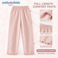 Pantalon droit pour enfants Smiledotkids, rose, texture matelassée, ourlet à volants, taille élastique, OEM ODM, vente en gros pour tout-petits