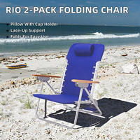 Lot de 2 chaises de plage pliantes à suspension à lacets, 4 positions, avec coussin et porte-gobelet, structure métallique, bleu marine, mobilier d'extérieur