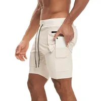 Pantalones cortos de culturismo para hombre, con bolsillos de carga y doble cremallera, secado rápido, para correr y gimnasio, con medias, venta al por mayor