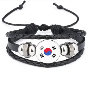 Aziatische Nationale Vlaggen, Korea Vlag Koeienhuid Armbanden, Zwarte Handgemaakte Geweven Armbanden