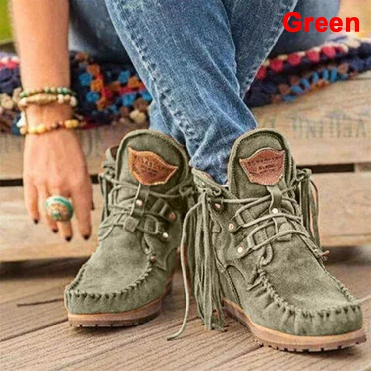 Women Ankle Boots Ladies Suede Shoes Tassel Pop Tide Lace-Up Boho