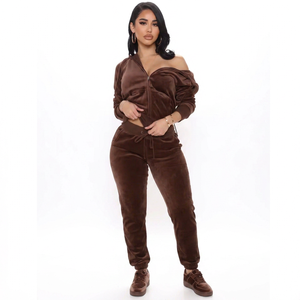 Ensemble de survêtement en velours marron pour femme, haut court à manches longues et col en V avec fermeture éclair et pantalon à cordon de serrage, grandes tailles, style lingerie et hoodies - Product Image 1
