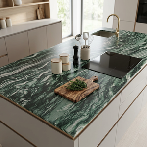 Comptoirs en pierre naturelle de conception moderne, vente en gros, pierre verte, dalles et carreaux en marbre vert émeraude et noir effet nuage naturel - Product Image 3