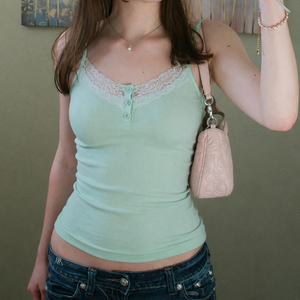 Y2K Fashion Women Lace Patchwork Button Front V Neck Slim Fit <b>Green</b> <b>Cami</b> Tank <b>Top</b> Sweet Sexy Summer Streetwear Crop <b>Top</b> - Product Image 1
