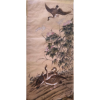 Peinture sur soie Gongbi traditionnelle chinoise 'Oies sauvages Hibiscus' Peinture murale artisanale peinte à la main Cadeau Marque LINGFENG Boîte en papier