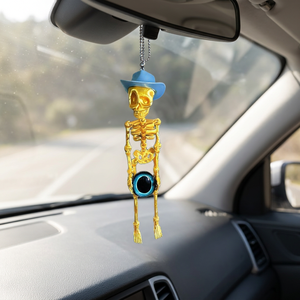 Colgante de coche con forma de esqueleto con sombrero y disco dorado, material ABS, decoración interior de coche, estilo europeo - Product Image 5