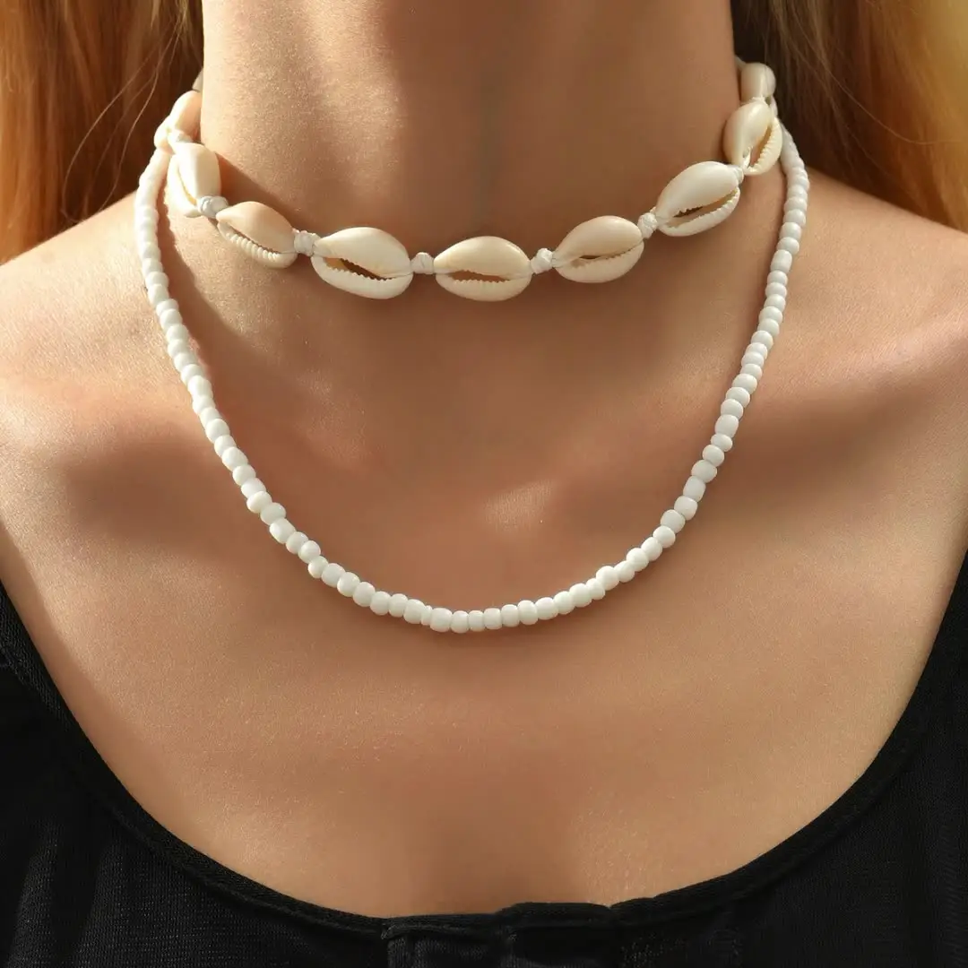2 buah Set kalung kerang manik-manik biji Boho pantai perhiasan musim panas kalung Choker koboi dapat disesuaikan untuk wanita