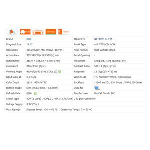 500:1 NT140WHM-T00/1/2/3/4/5, 220 CD/<span class=keywords><strong>M</strong></span> trên di động cả<span class=keywords><strong>m</strong></span> ứng, i²c Thương hiệu <span class=keywords><strong>M</strong></span>ới 14.0 "<span class=keywords><strong>m</strong></span>áy tính xách tay <span class=keywords><strong>m</strong></span>àn hình LCD module 1366*768 <span class=keywords><strong>M</strong></span>àn hình LCD - Product Image 6