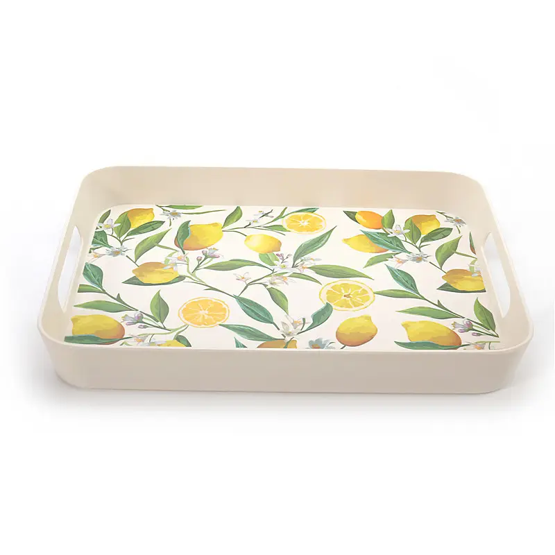 Wholesale rectangular fancy bamboo fiber melamine serving food tray with handles