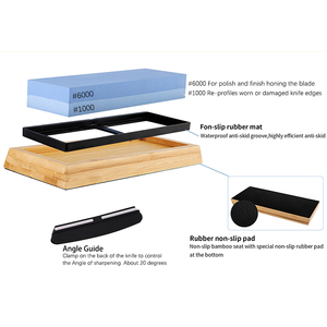 Ensemble de pierres à aiguiser pour couteaux de haute qualité Grains double face 1000/3000/6000 Affûteur avec guide d'angle de base en bambou antidérapant - Product Image 5