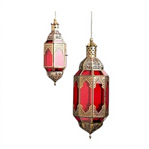 Highly Customized Direct Supplier <b>Moroccan</b> Style Hanging Brass Lantern Hexagon Red Glass Home <b>Decoration</b> Durable - Product Image 1