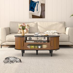 Table basse en bois SENYU de style moderne du milieu du siècle avec étagère de rangement, design ovale, meubles de salon, finition naturelle, plateau noir - Product Image 6