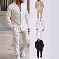 Vêtements d'automne pour hommes, ensemble deux pièces, pantalon et chemise en lin décontractés, ensemble 2 pièces