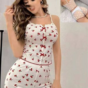 MHK142 Nuevo Conjunto de Pijama Sexy de Verano con Cintura Elástica, Estampado Transparente con Logotipo Frontal, Ropa de Casa para Mujer, Conjunto de Shorts con Tirantes - Product Image 3