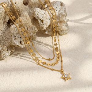 Collar de Oro Exclusivo con Colgante de Pentagrama de Cuatro Estrellas en Forma de Gota de Agua, Cadena de Placa Redonda de Tres Capas Tejidas para Mujer - Product Image 3