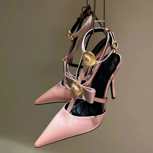 Ankle Buckles Women Metal Ornaments Stiletto High Heels Sandals Bow T-strap Slingback Ladies Summer Satin Dress Shoes - Product Image 4