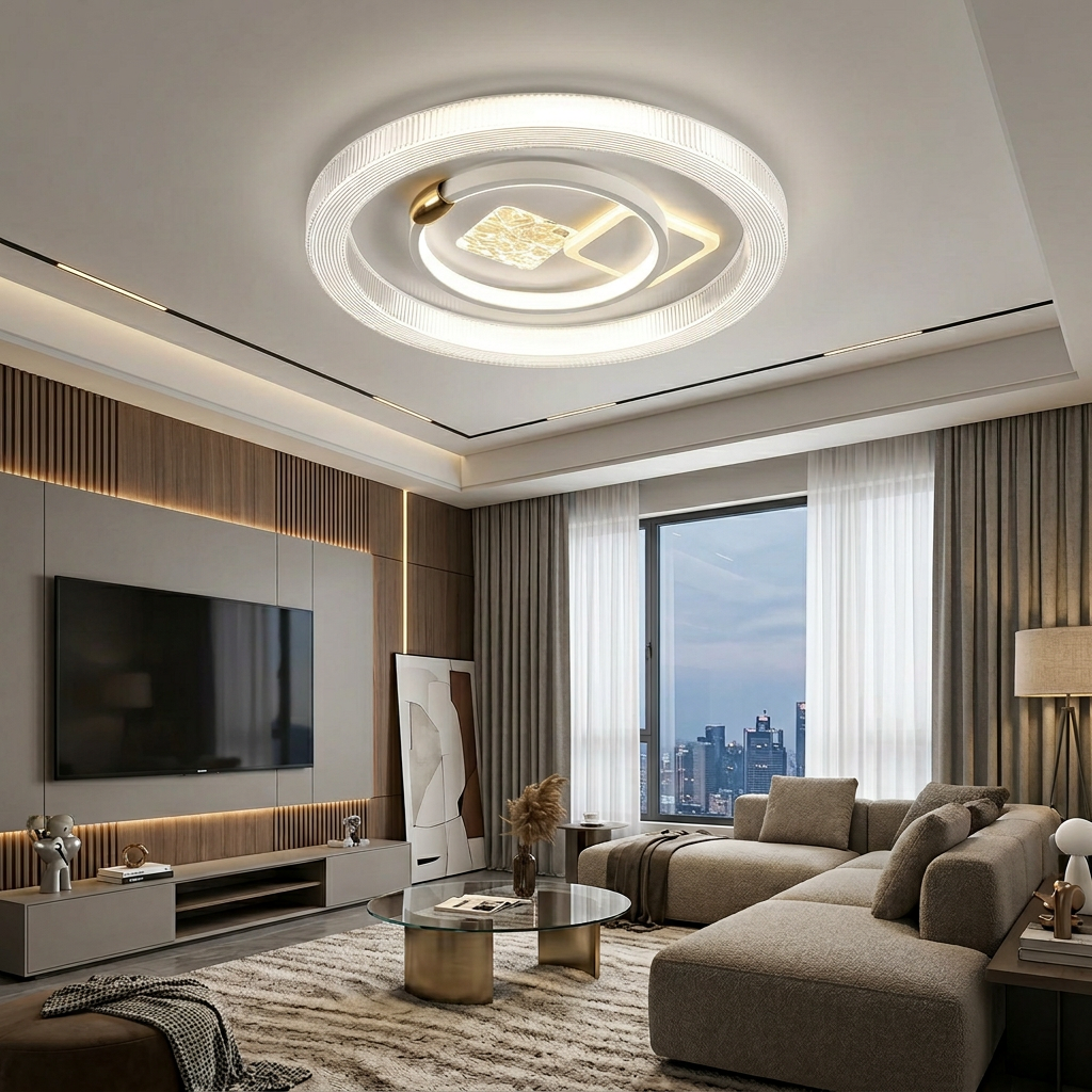 Modern Geometric LED Ceiling Light Round Textured Frame Square Center Flush Mount Lamp for Luxury Living Room Bedroom Decor