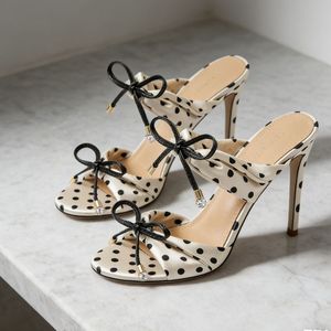 Mules à talons aiguilles en satin de soie à pois pour femme, avec nœud décoratif, bout ouvert, sandales à talons hauts pour soirée - Product Image 4