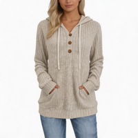 Pull-over décontracté en maille côtelée pour femme, à capuche, demi-boutonnage, poche kangourou, cordon de serrage, manches longues amples