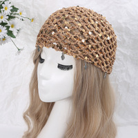 Gorro ajustable retro tejido a mano con lentejuelas para mujer, gorro de encaje hueco elegante y versátil para adulto