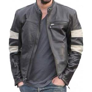 เสื้อแจ็คเก็ตหนังแกะแท้สีดำสำหรับผู้ชาย แบรนด์คีอานู รีฟส์ สไตล์ไบค์เกอร์ แขนยาว วินเทจ คาเฟ่ เรเซอร์ - Product Image 4