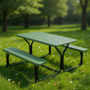 Green Picnic <b>Table</b> Bench Garden Set <b>Plastic</b> Steel Frame Outdoor Furniture 4 Seater Contemporary Design - Product Image 2