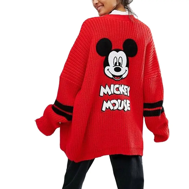 knitted factory custom long Loose mickey cardigan sweater red fashion custom cardigan jacquard knit mickey women cardigan