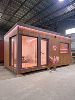 Sauna de luxe en bois préfabriqué modulaire avec revêtement en bois, éclairage ambiant LED et grande fenêtre d'angle en verre