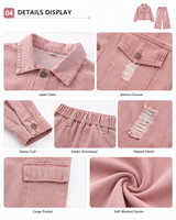 Conjunto de Chaqueta Vaquera Rosa y Jeans Anchos Rotos para Niñas Grandes 2026, Pantalones Cargo Lavados, 2 Piezas, Atuendo Urbano Moderno para Adolescentes