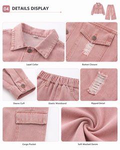 2026 Big Girls Pink Denim Jacket &amp; Ripped Wide Leg Jeans Set Washed Cargo Pants 2pcs Trendy <strong>Teen</strong> Boutique Kids Streetwear Outfit - Product Image 4