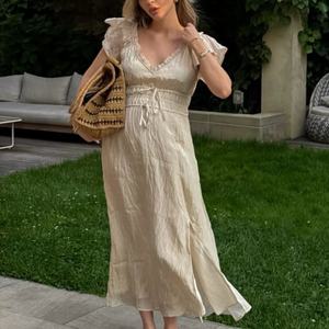 เดรสผ้าลินินคุณภาพสูงสำหรับผู้หญิง แบรนด์ใหม่รับผลิตตามสั่ง ตกแต่งระบาย แขนสั้น สไตล์ลำลอง สีพื้น ทรงแม็กซี่ เหมาะสำหรับใส่ช่วงตั้งครรภ์ - Product Image 2