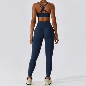 Activewear aç geri Hollow spor sutyen kırpma yüksek bel sıkıştırma tayt Yoga pantolon tayt Set kadınlar nervürlü