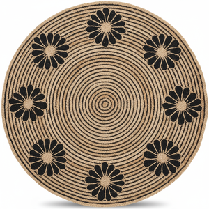 Modern Floral Braided Round Flat Pile <b>Rugs</b> Jute <b>Black</b> Cotton Dori Machine Made Eco-Friendly Anti-Slip Jute Backing Divtik Decor - Product Image 2